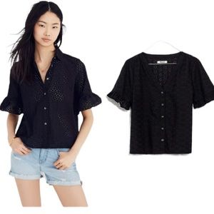Madewell Black Eyelet Floral Village Ruffle Sleeve Top - XS